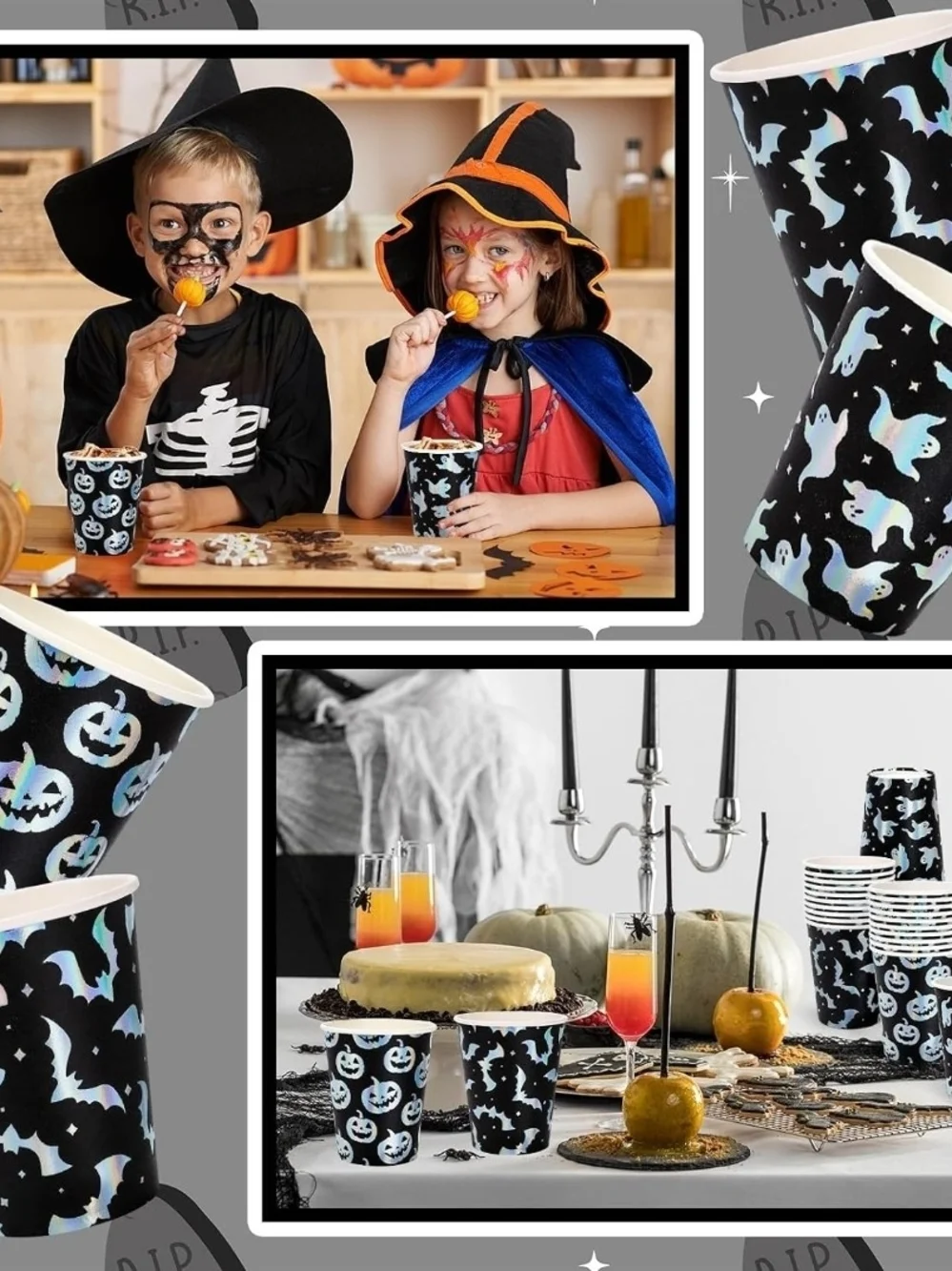Halloween Ghost Pumpkin Bats Paper Cups - Black Iridescent 60 Set New